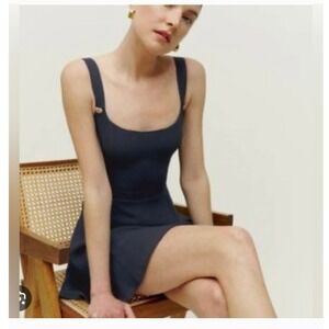 Reformation Tai Mini Dress Size 4 Navy Blue Heart Button Smocked Back Coquette